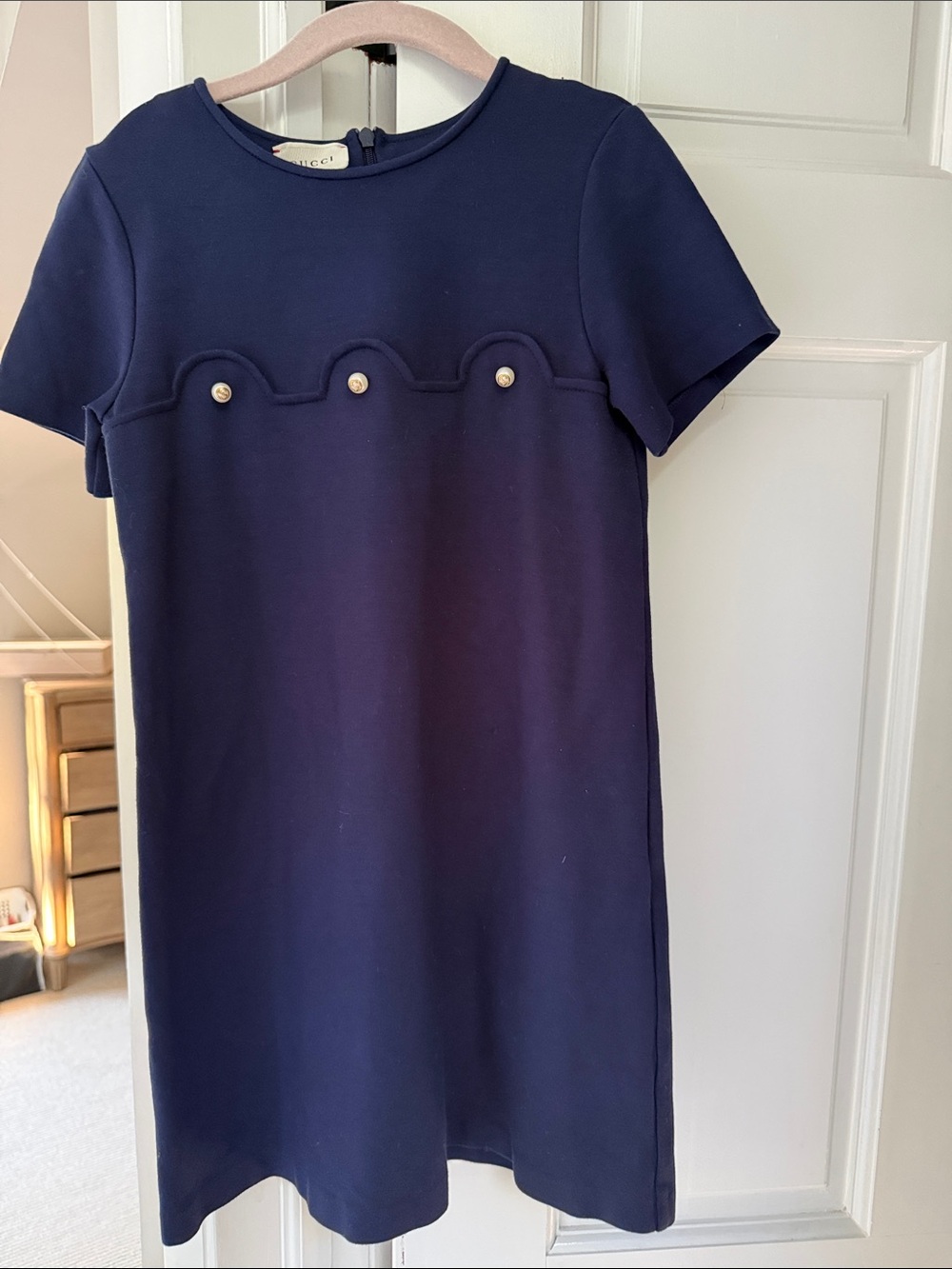 Gucci Navy Short-Sleeve A-Line Dress with Pearl Buttons